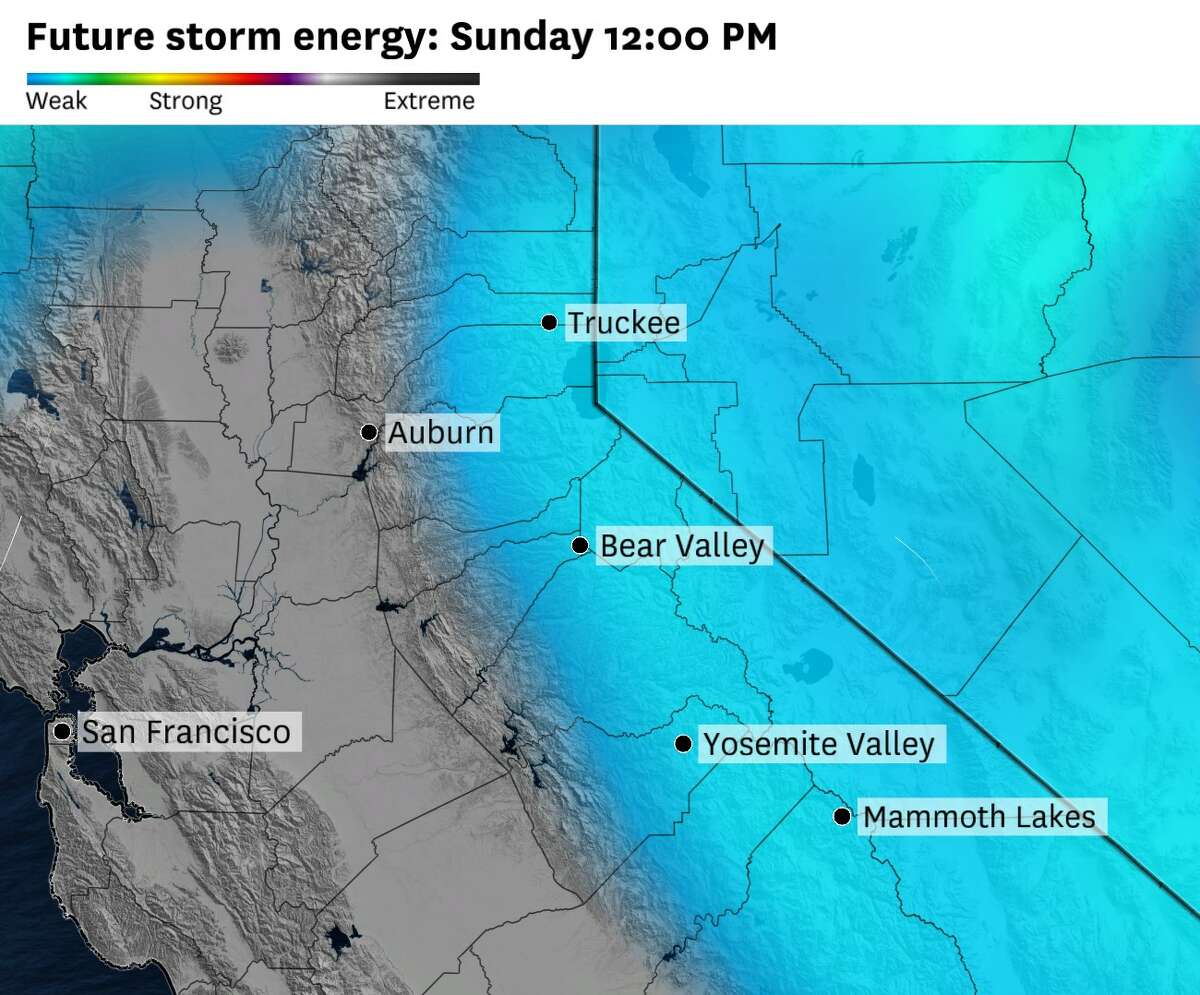 天气模型预测本周末内华达山脉的对流能量，其中一些最高的山谷将位于太浩地区和约塞米蒂山谷周围。