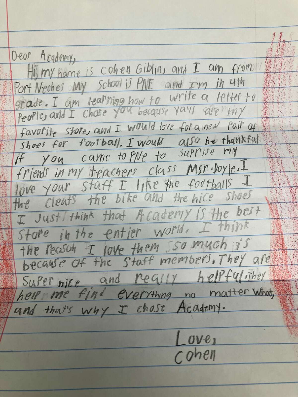 The letter Cohen Giblin sent to Academy Sports and Outdoors.