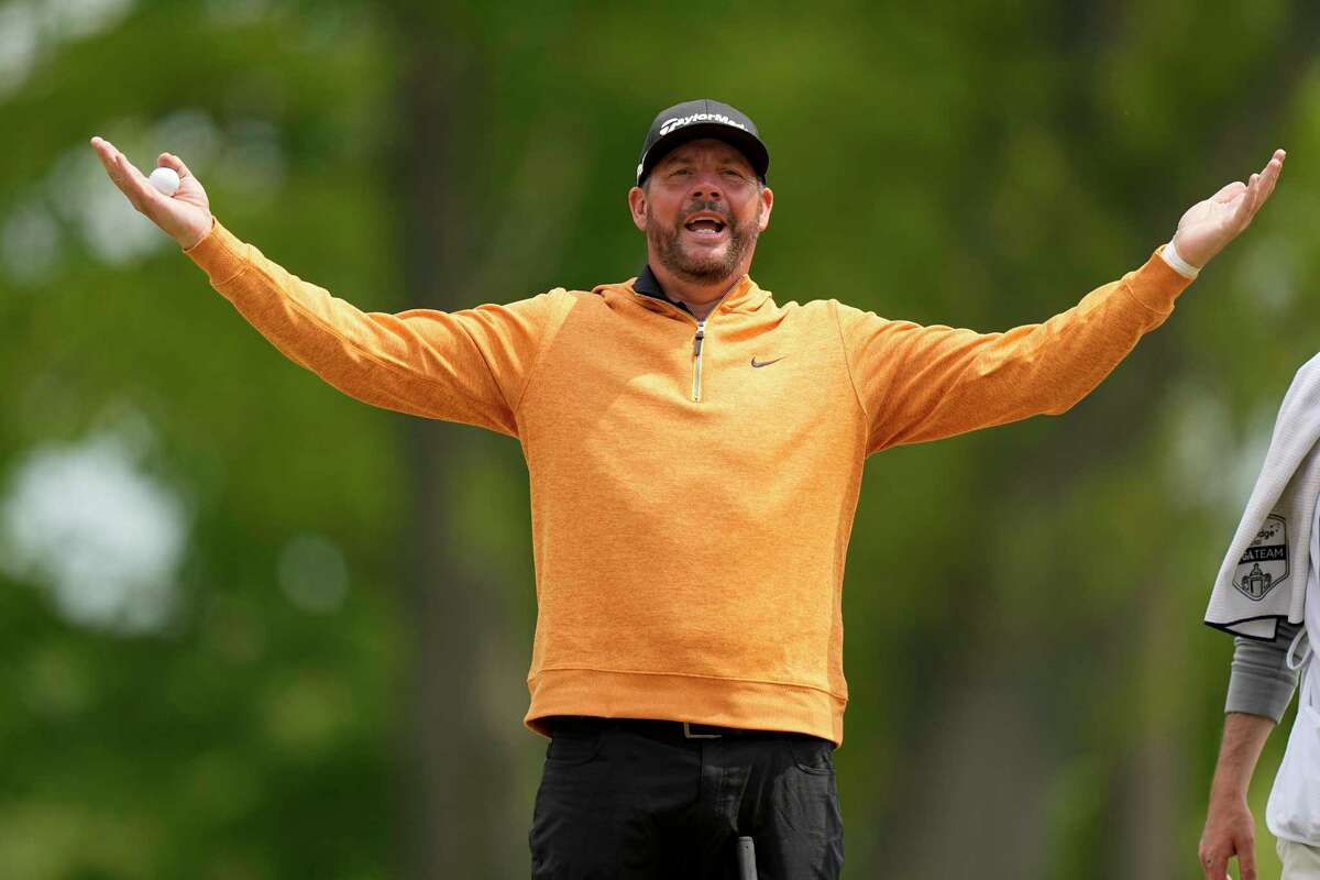 Michael Block reacts after his second round at the PGA Championship golf tournament at Oak Hill Country Club on Friday, May 19, 2023, in Pittsford, N.Y.