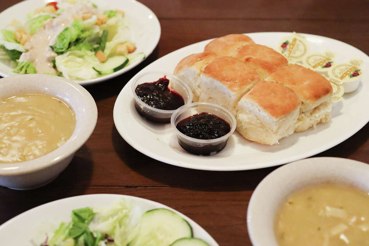 All chicken dinners come with soup, salad, biscuits with boysenberry preserves, sides and pie for dessert.