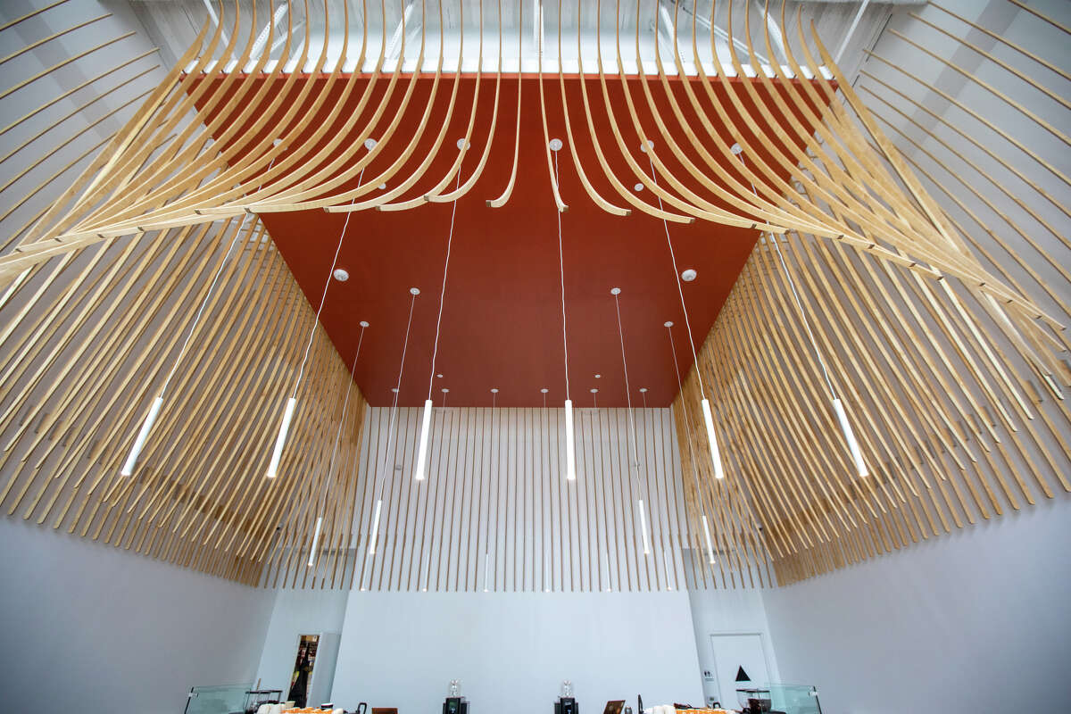 The decorative ceiling structure at the new Caffè by Mr. Espresso on Broadway in downtown Oakland, Calif., on May 18, 2023.