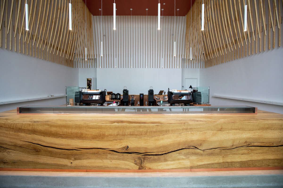 The interior and a traditional Italian standing coffee bar in the new Mr. Espresso Caffe on Broadway in downtown Oakland, Calif. on May 18, 2023.