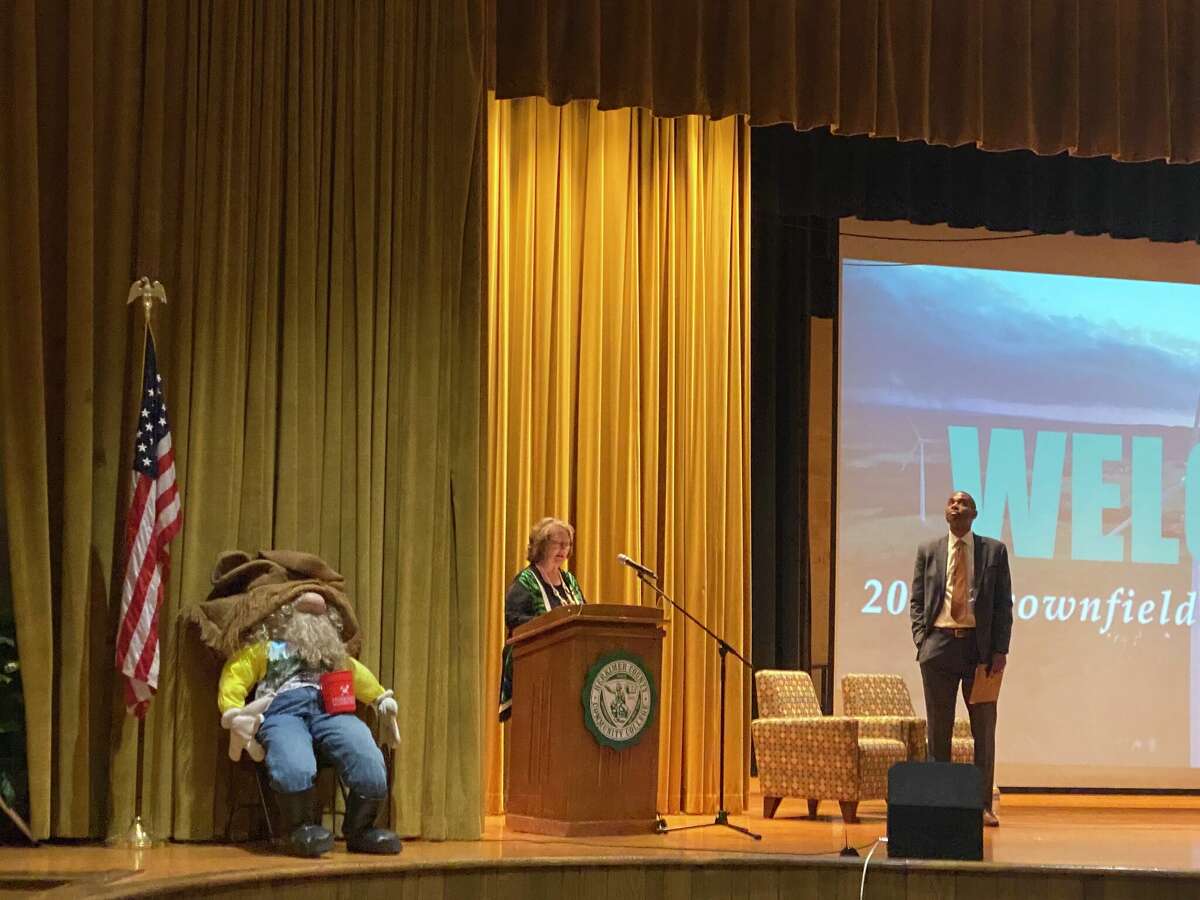 Lt. Gov. Antonio Delgado is introduced by Herkimer Community College President Dr. Cathleen McColgin during a brownfield redevelopment event on April 25.