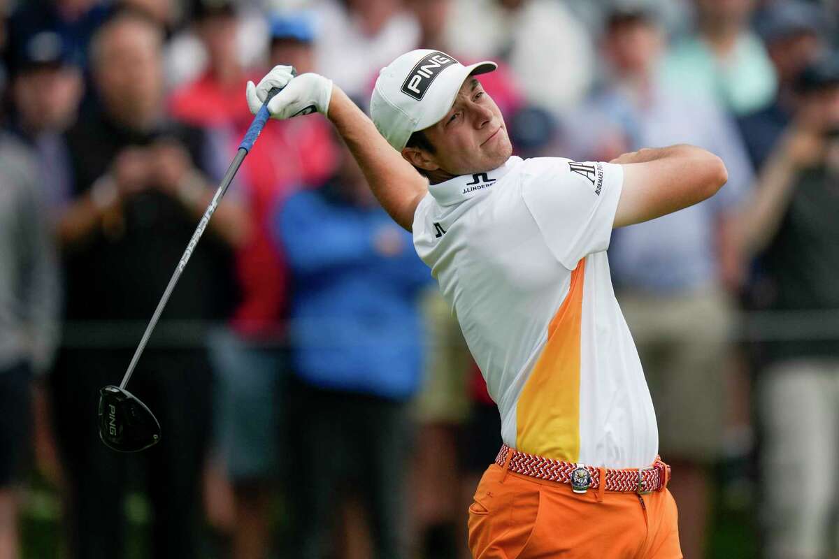 Viktor Hovland, of Norway, watches his tee shot on the 14th hole during the second round of the PGA Championship golf tournament at Oak Hill Country Club on Friday, May 19, 2023, in Pittsford, N.Y.