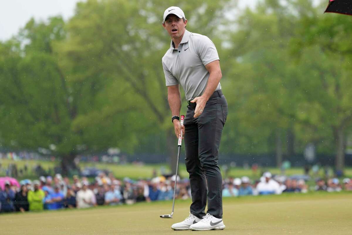 Rory McIlroy, of Northern Ireland, reacts after missing a putt on the fourth hole during the second round of the PGA Championship golf tournament at Oak Hill Country Club on Friday, May 19, 2023, in Pittsford, N.Y.