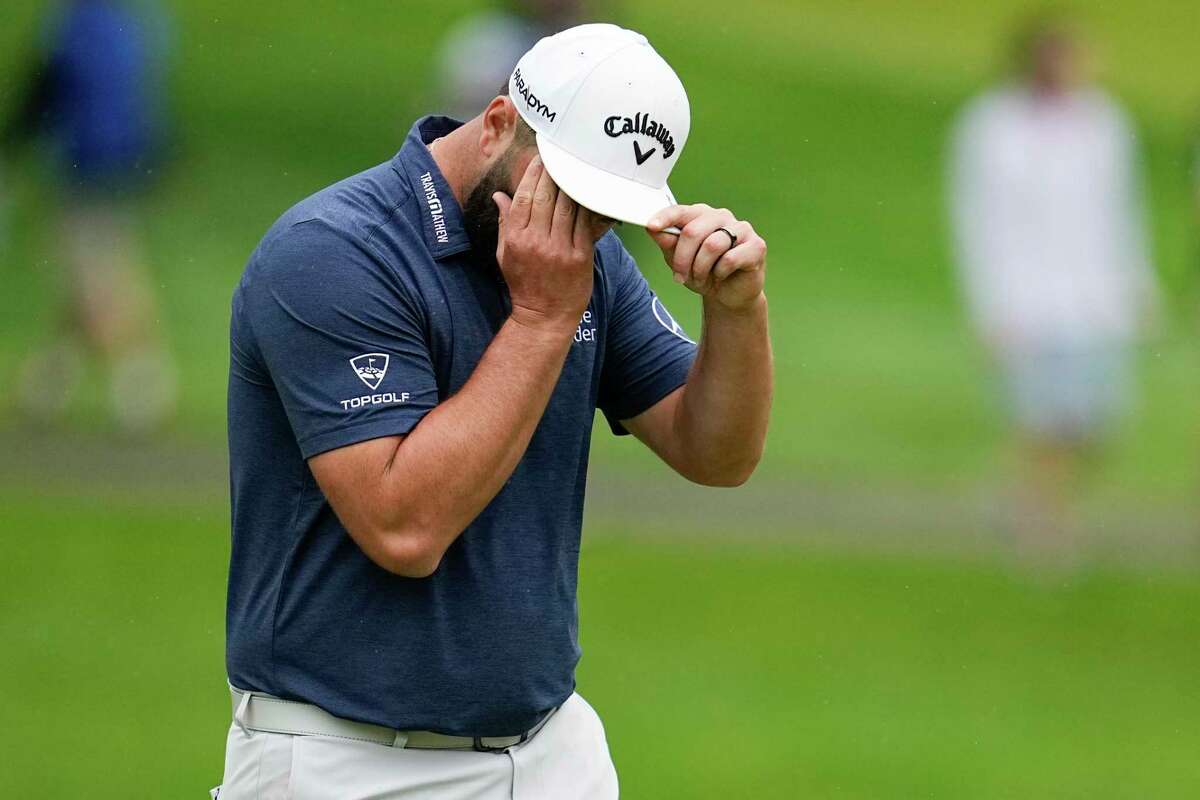 Jon Rahm, of Spain, wipes his face on the seventh hole during the second round of the PGA Championship golf tournament at Oak Hill Country Club on Friday, May 19, 2023, in Pittsford, N.Y.