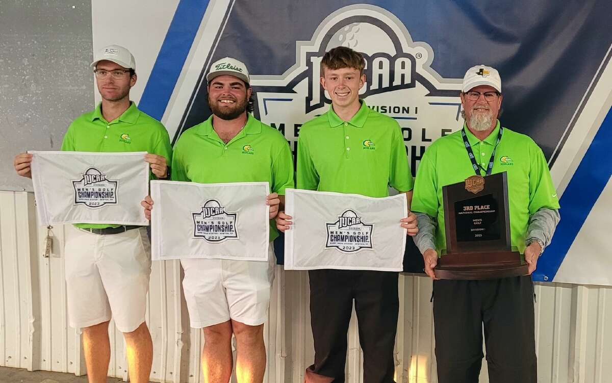 Midland College NJCAA Division I Men's Golf All-Americans Chris Wardrup, Davis Seybert and Alfie Robinson, along with head coach Walt Williams, pose after MC placed third at the NJCAA National Tournament in Newton, Kansas. 