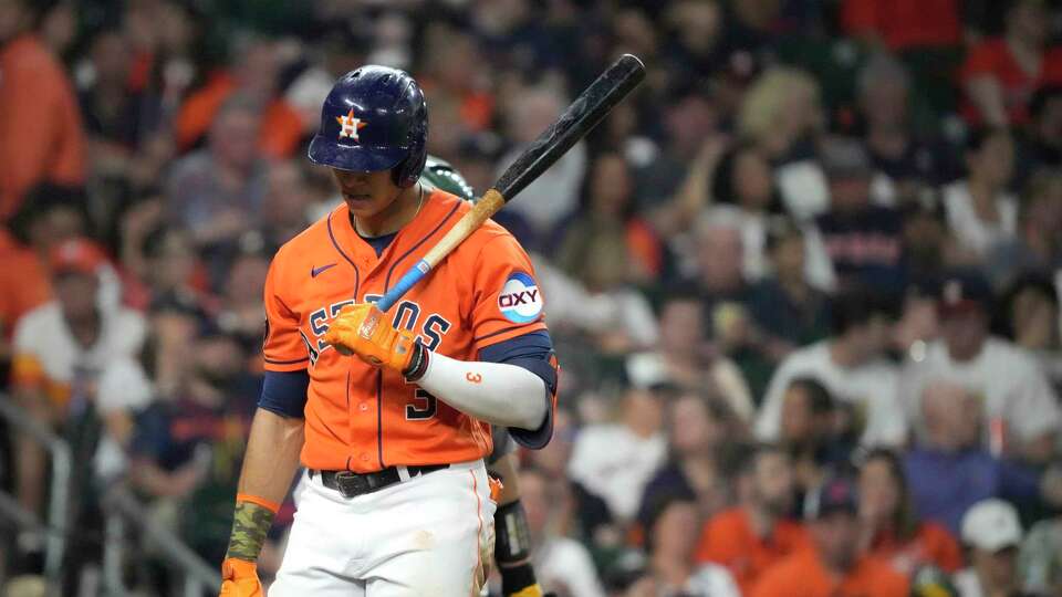 Houston Astros Jeremy Peña (3) reacts after striking out against Oakland Athletics relief pitcher Austin Pruitt during the sixth inning of an MLB baseball game at Minute Maid Park on Friday, May 19, 2023, in Houston.