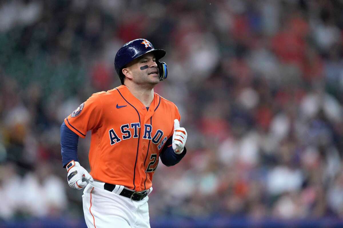 Houston Astros' Jose Altuve runs out a ground out against the Oakland Athletics during the first inning of a baseball game Friday, May 19, 2023, in Houston.