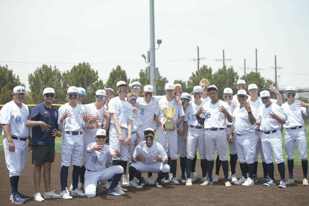 The Greenwood baseball team poses with the gold glove trophy after it swept Canyon in its Class 4A regional quarterfinal playoff series, May 20 at First United Park in Woodrow. 