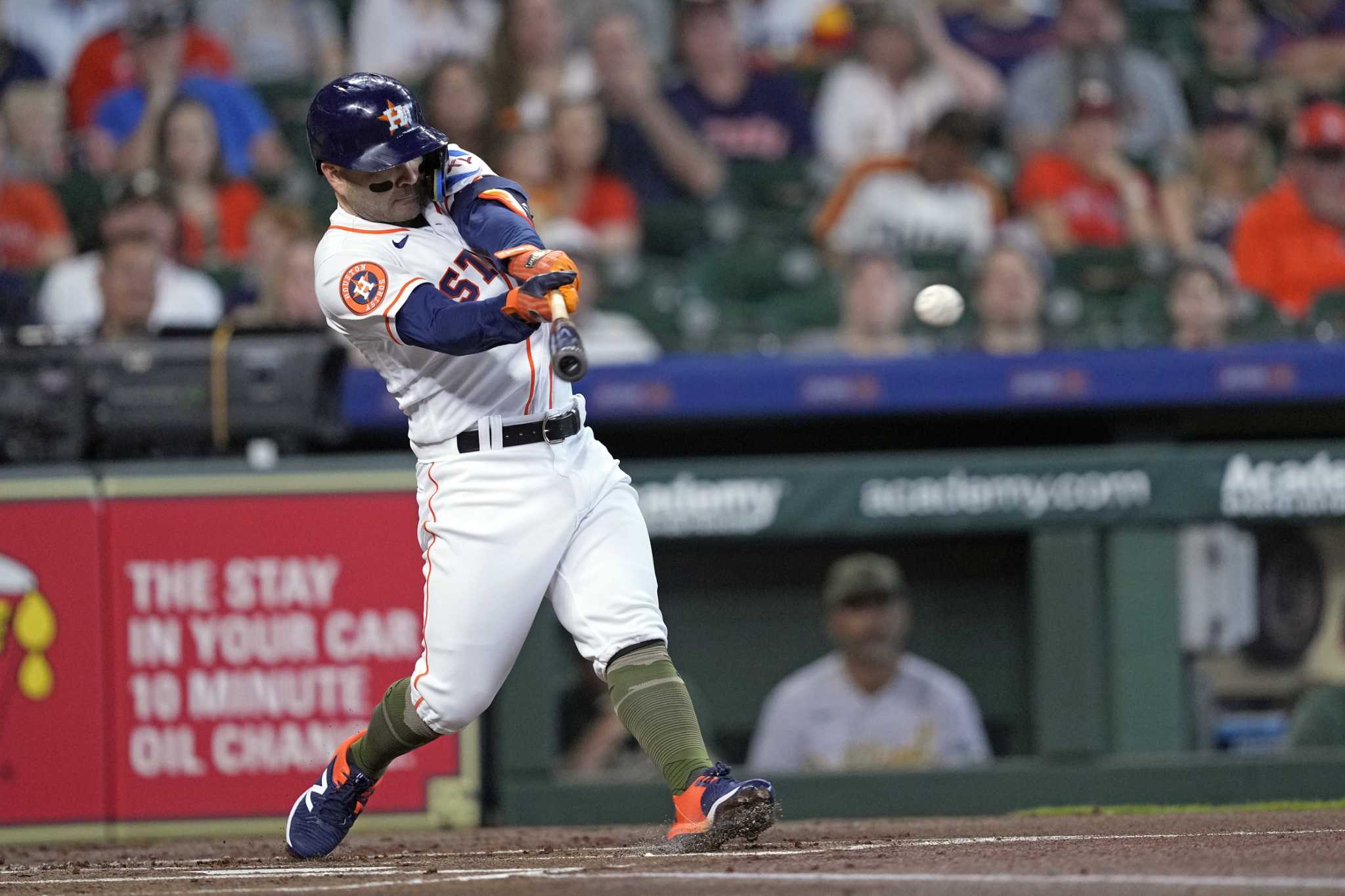 Houston Astros' Yordan Alvarez watches his two-run home run during the  eighth inning of the team's baseball game against the Los Angeles Dodgers  on Tuesday, Aug. 3, 2021, in Los Angeles. (AP