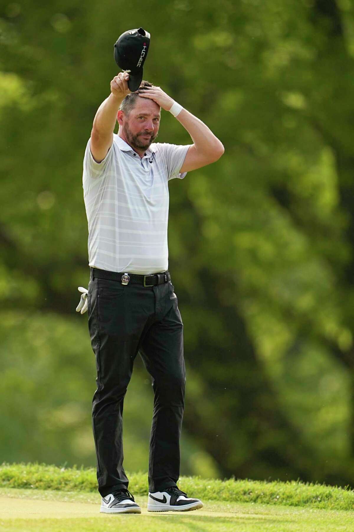 Michael Block celebrates after his hole-in-one on the 15th hole during the final round of the PGA Championship golf tournament at Oak Hill Country Club on Sunday, May 21, 2023, in Pittsford, N.Y.