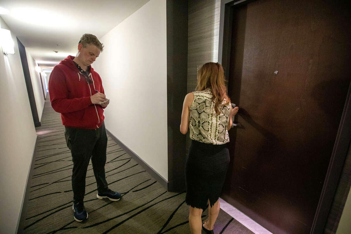 SFGATE columnist Drew Magary meets with a real estate agent to tour a condominium in San Francisco on May 14.