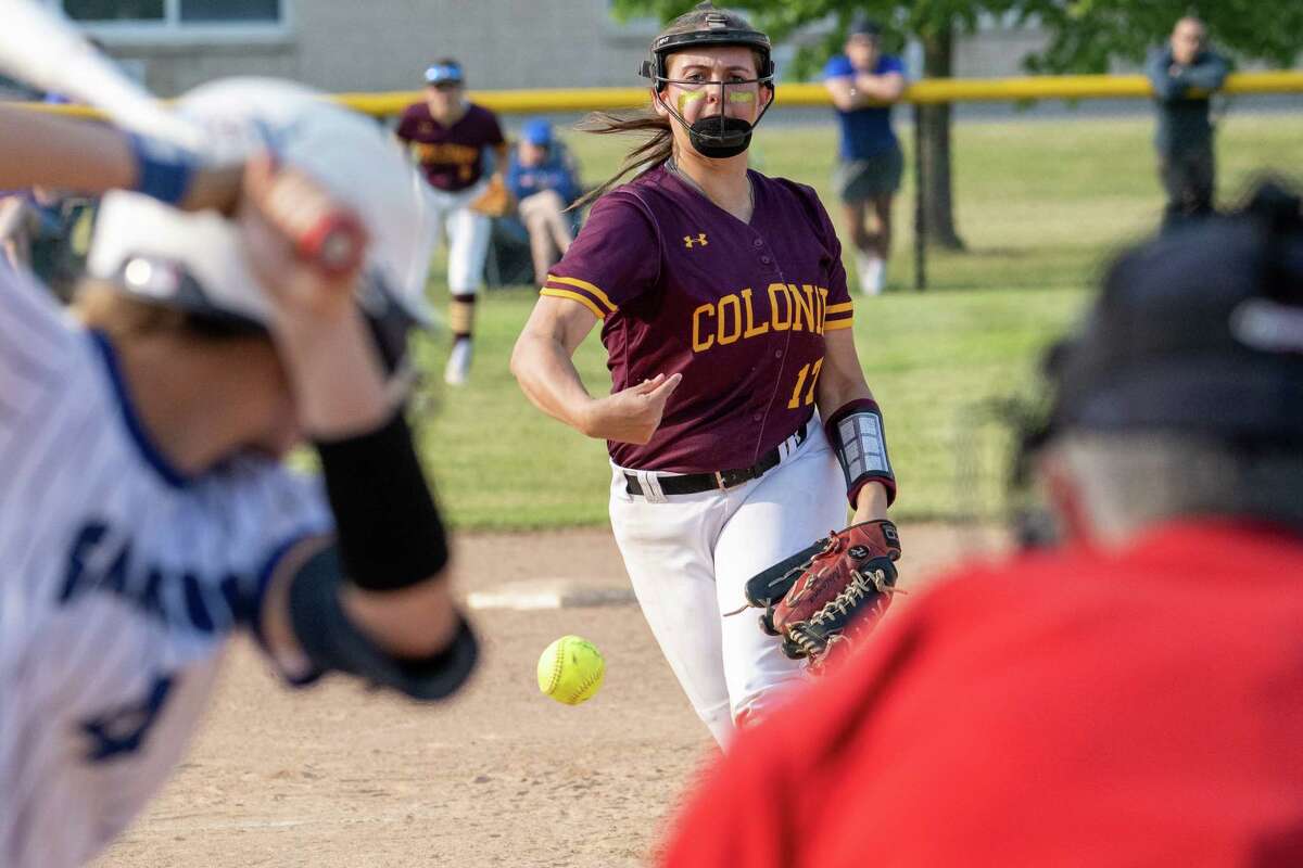 Colonie pitcher Adrianna Laraway works against Saratoga during a Class AA semifinal on Tuesday, May 23, 2023, at Schalmont High School in Rotterdam, NY.
