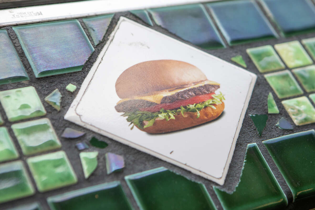 A picture of a hamburger is embedded in a counter at Bud's Giant Burgers in Vallejo, Calif. on May 24, 2023.