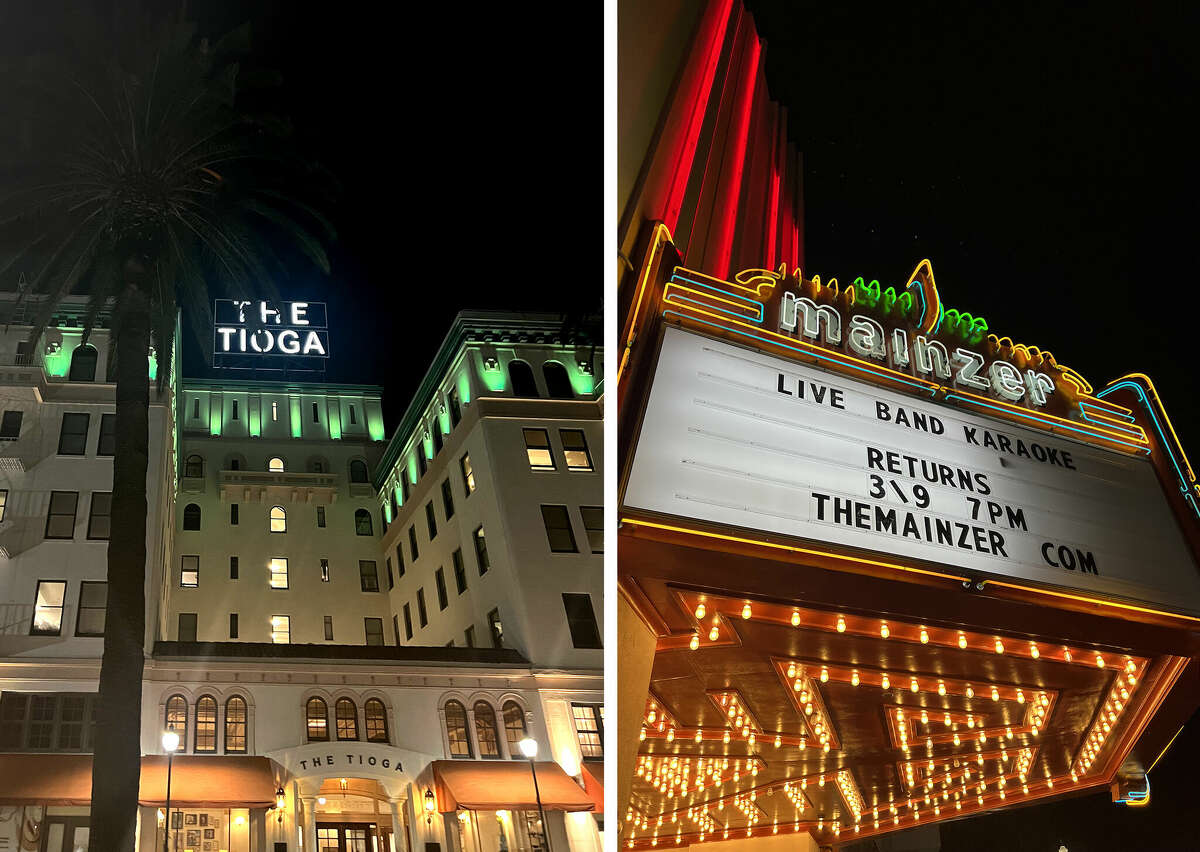 Still the tallest building in Merced, the Tioga Hotel, left, features a wall of photos in its lobby depicting famous visitors, including Gary Cooper and Marilyn Monroe, who rented a suite there for years. At right, a view of the Mainzer Theater in downtown Merced. 