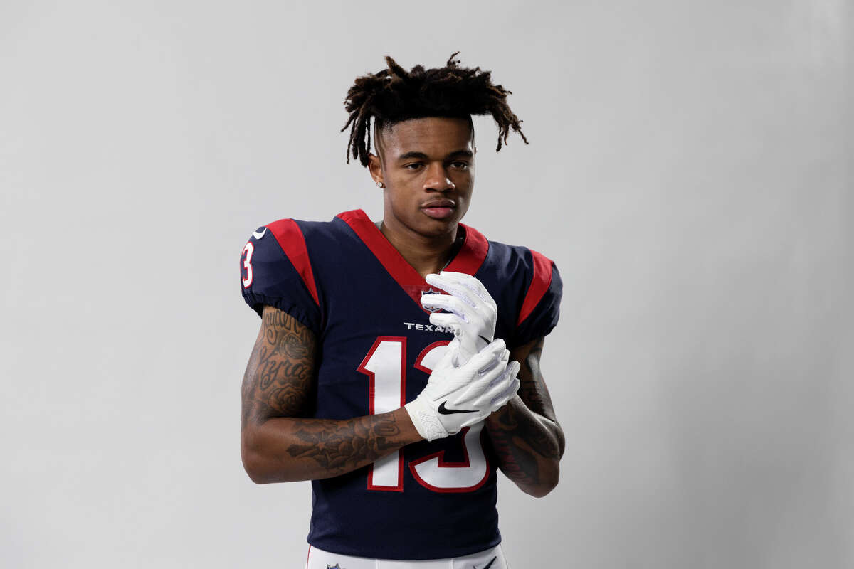 Tank Dell #13 of the Houston Texans poses for a portrait during the NFLPA Rookie Premiere on May 20, 2023 in Los Angeles, California.