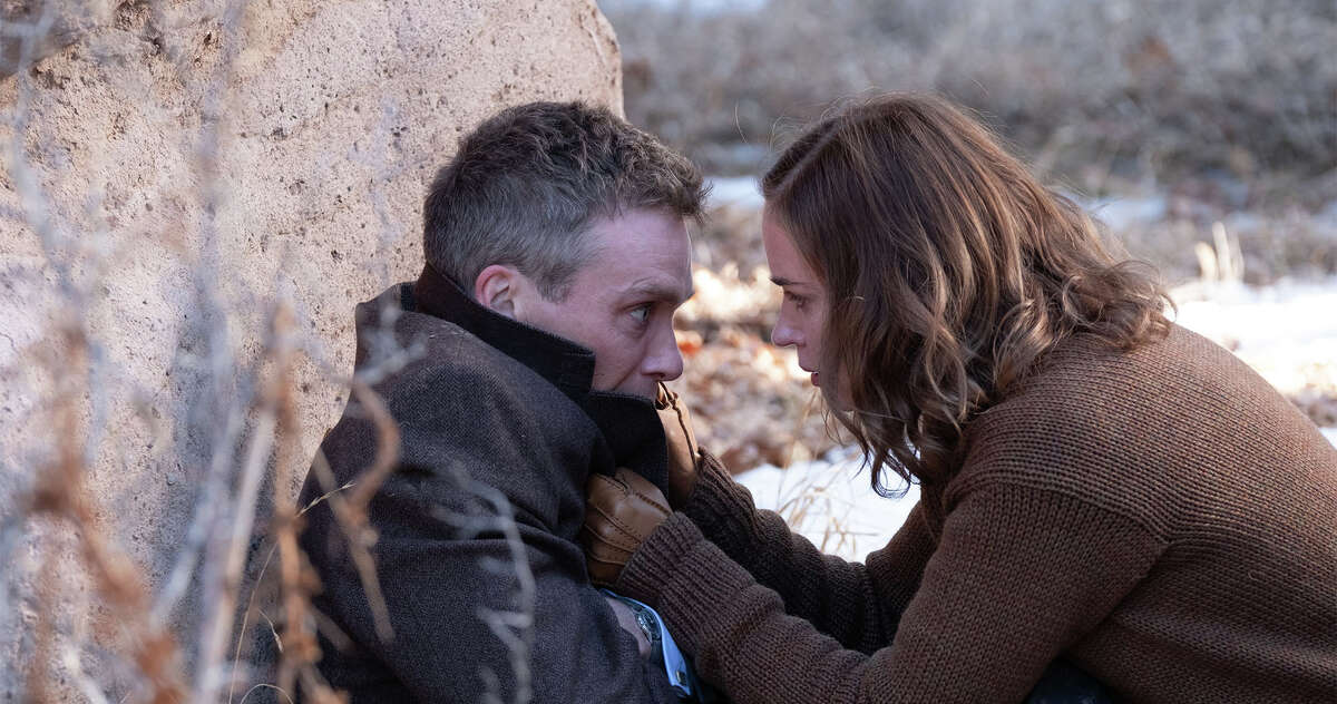 Actors Cillian Murphy and Emily Blunt shoot a scene in Christopher Nolan's 2023 movie, "Oppenheimer."