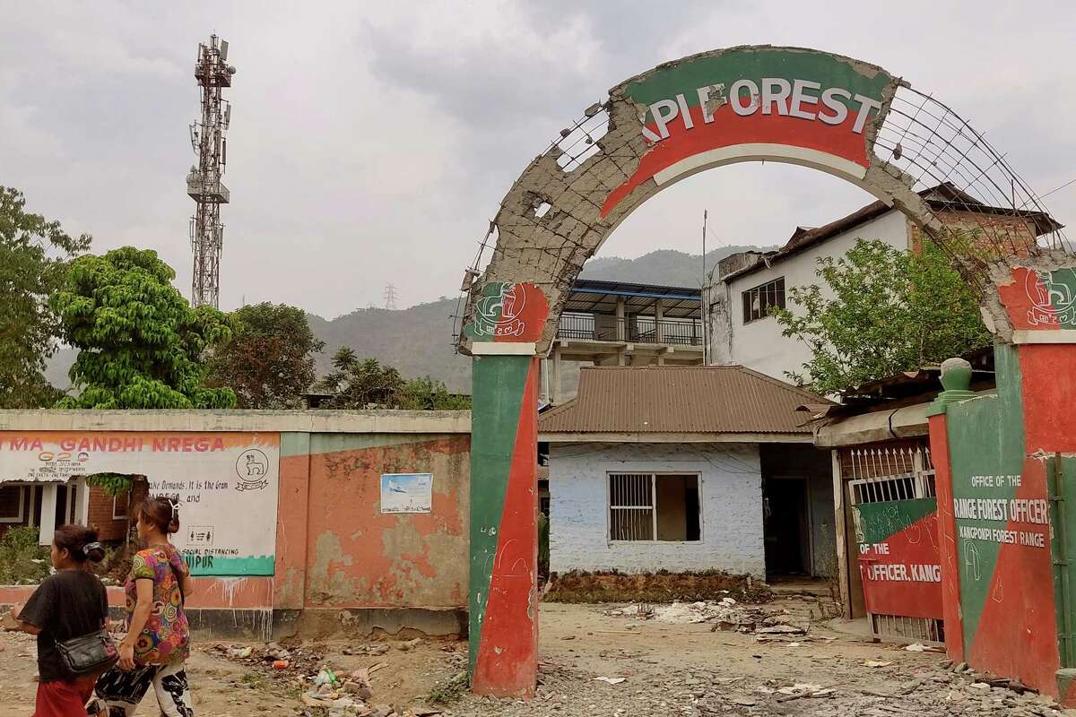 The remains of an Indian Forest Service office in the town of Kangpokpi. Forest Service offices became symbols of state overreach in tribal areas and were destroyed by mobs all over Manipur.