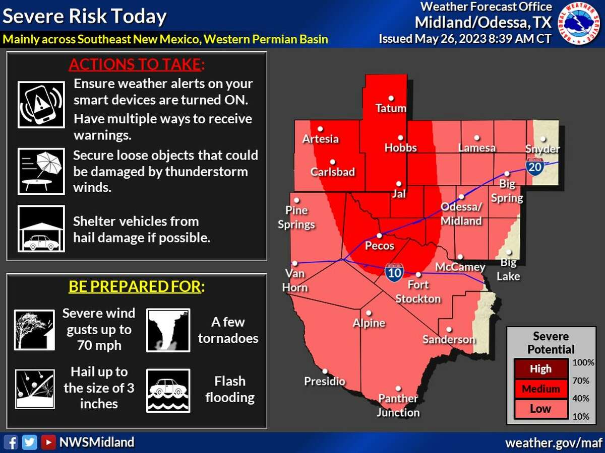There is a risk of severe storms across thewestern two-thirds of the Permian Basin May 26, 2023.