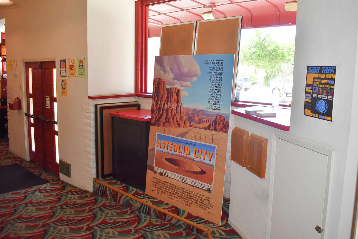 Signage for Wes Anderson’s upcoming “Asteroid City” sits in the main lobby of the Palm Theatre in San Luis Obispo, Calif. 