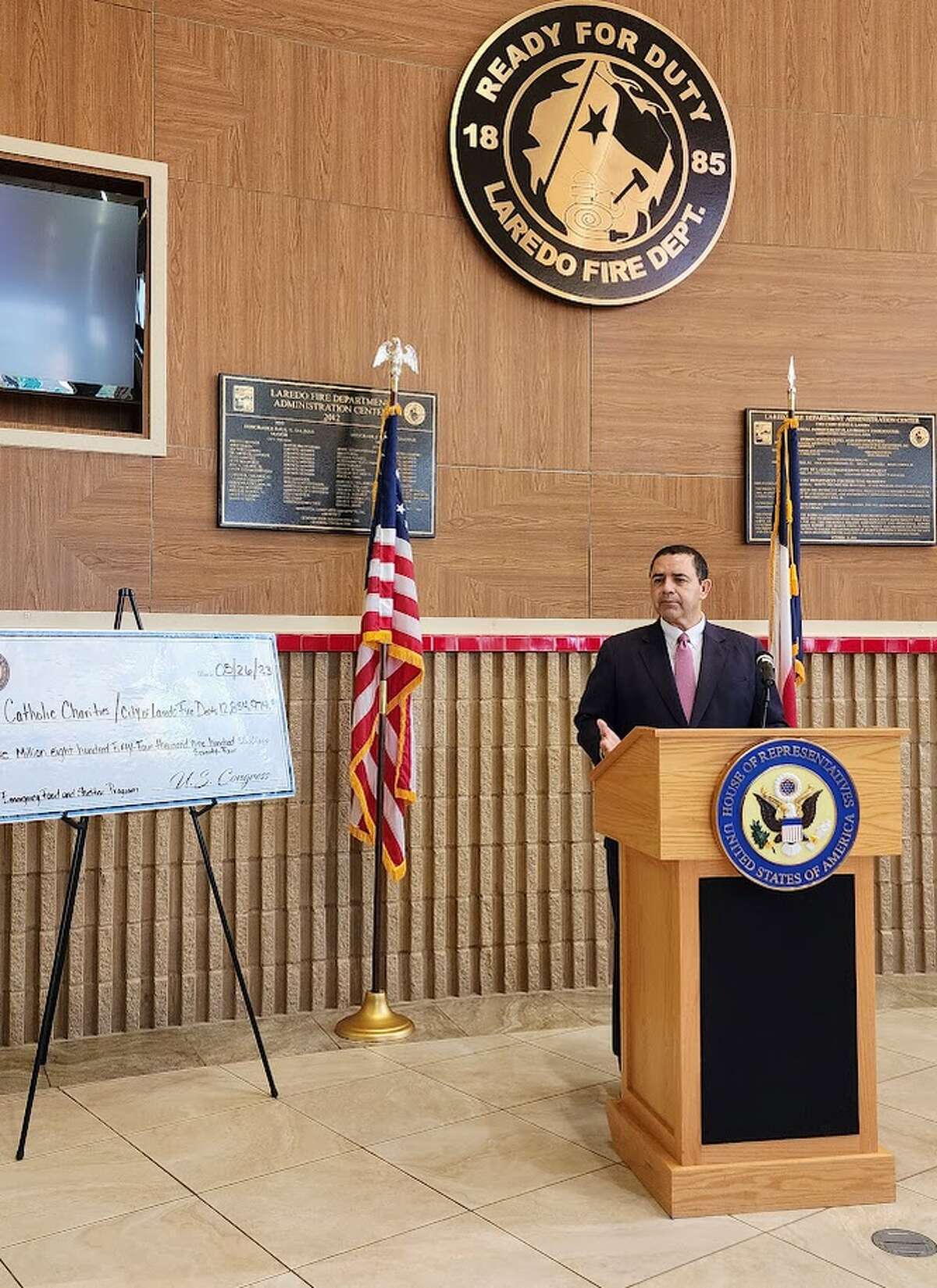 Rep. Henry Cuellar speaks Friday, May 26, 2023 as a total of $12,854,974 in federal funding for the Catholic Charities of the Diocese of Laredo and the Laredo Fire Department was announced at the LFD Administrative Center.
