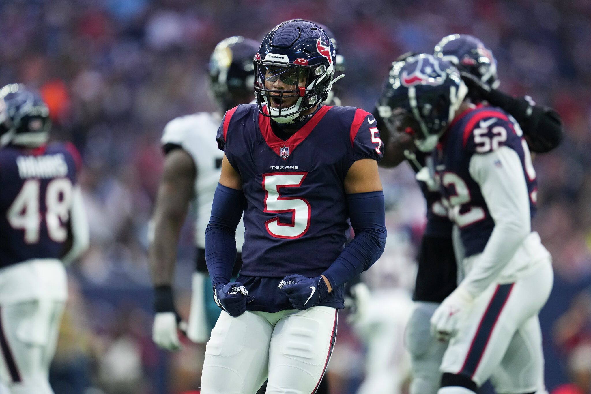 Houston Texans cornerback Jalen Pitre looks on during the NFL