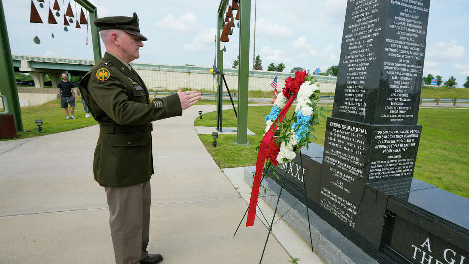 Brig. Gen. John C. Hafley salutes during a wreath laying ceremony during the Memorial Day Observance at Montgomery County Veteran's Park on Monday, May 29, 2023 in Conroe.