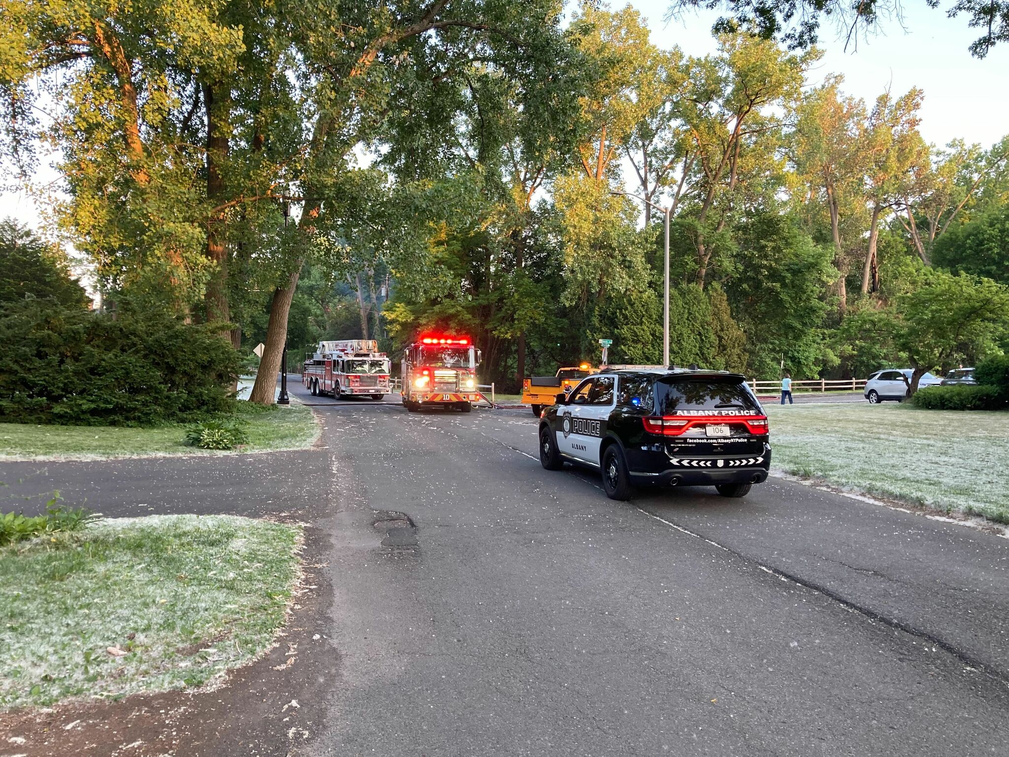 Fire chars trees in Albany's Buckingham Lake Park