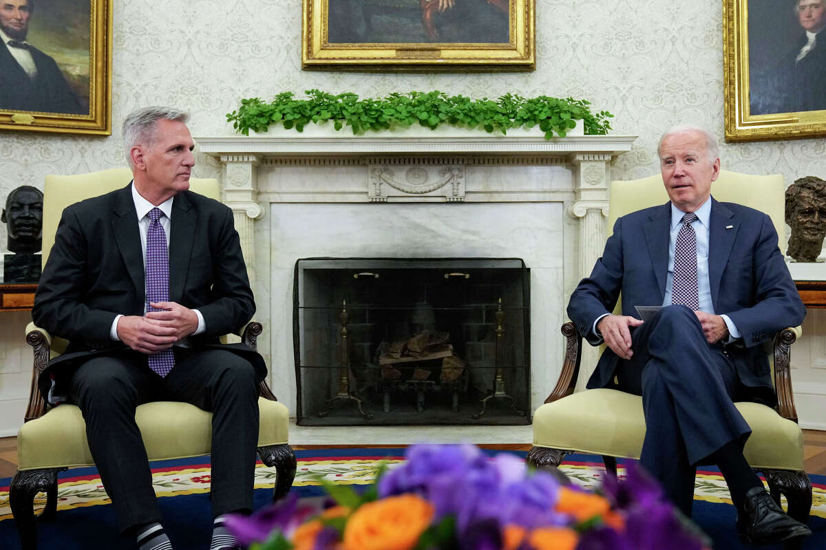 President Biden meets with House Speaker Kevin McCarthy at the White House to discuss the debt limit on May 22. The budget deal reached doesn’t cut military spending
