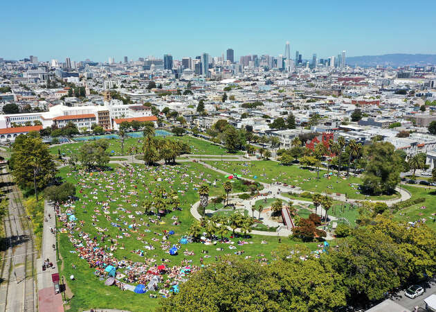 File - An aerial view of Dolores Park as San Franciscans enjoy warm weather in San Francisco, California, United States on May 13, 2023.