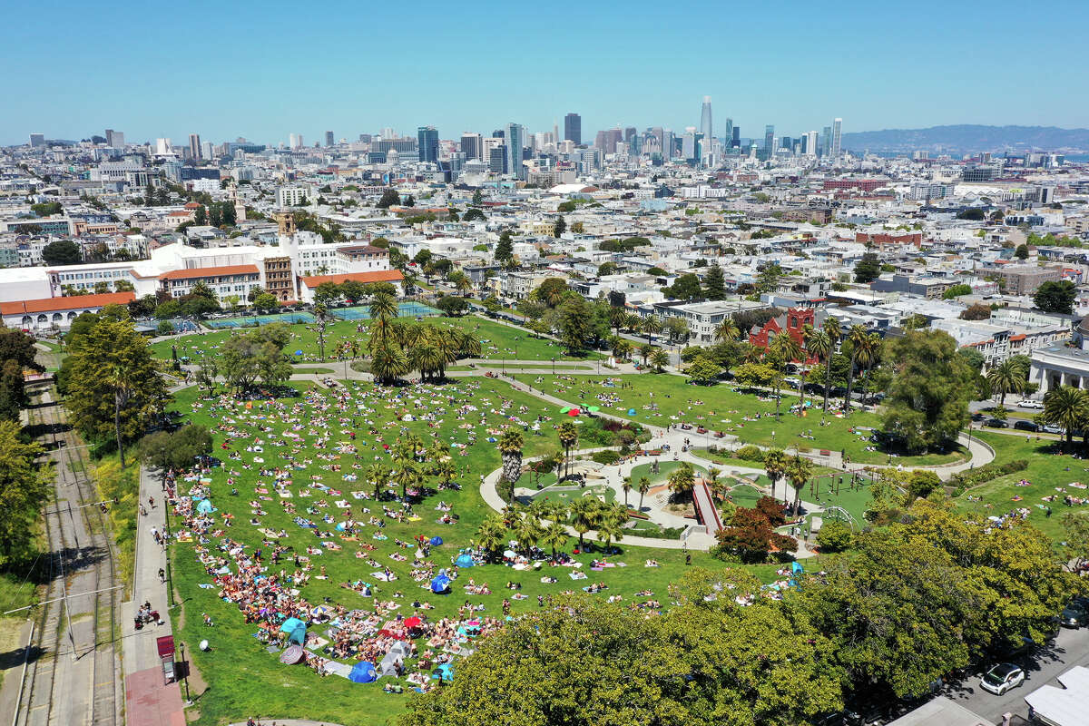 File - An aerial view of Dolores Park as San Franciscans enjoy warm weather in San Francisco, California, United States on May 13, 2023.