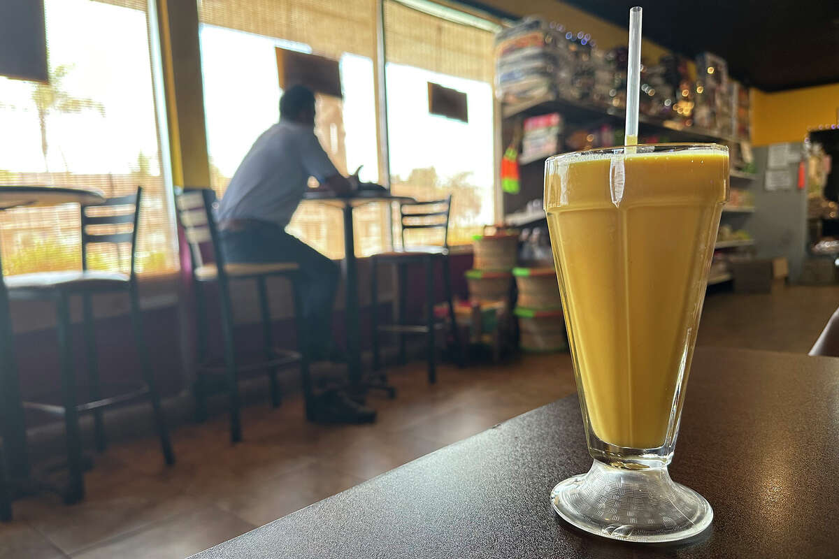 The creamy mango lassi from Taste of India in Buttonwillow, Calif., is made with mango, yogurt, milk and cardamom.