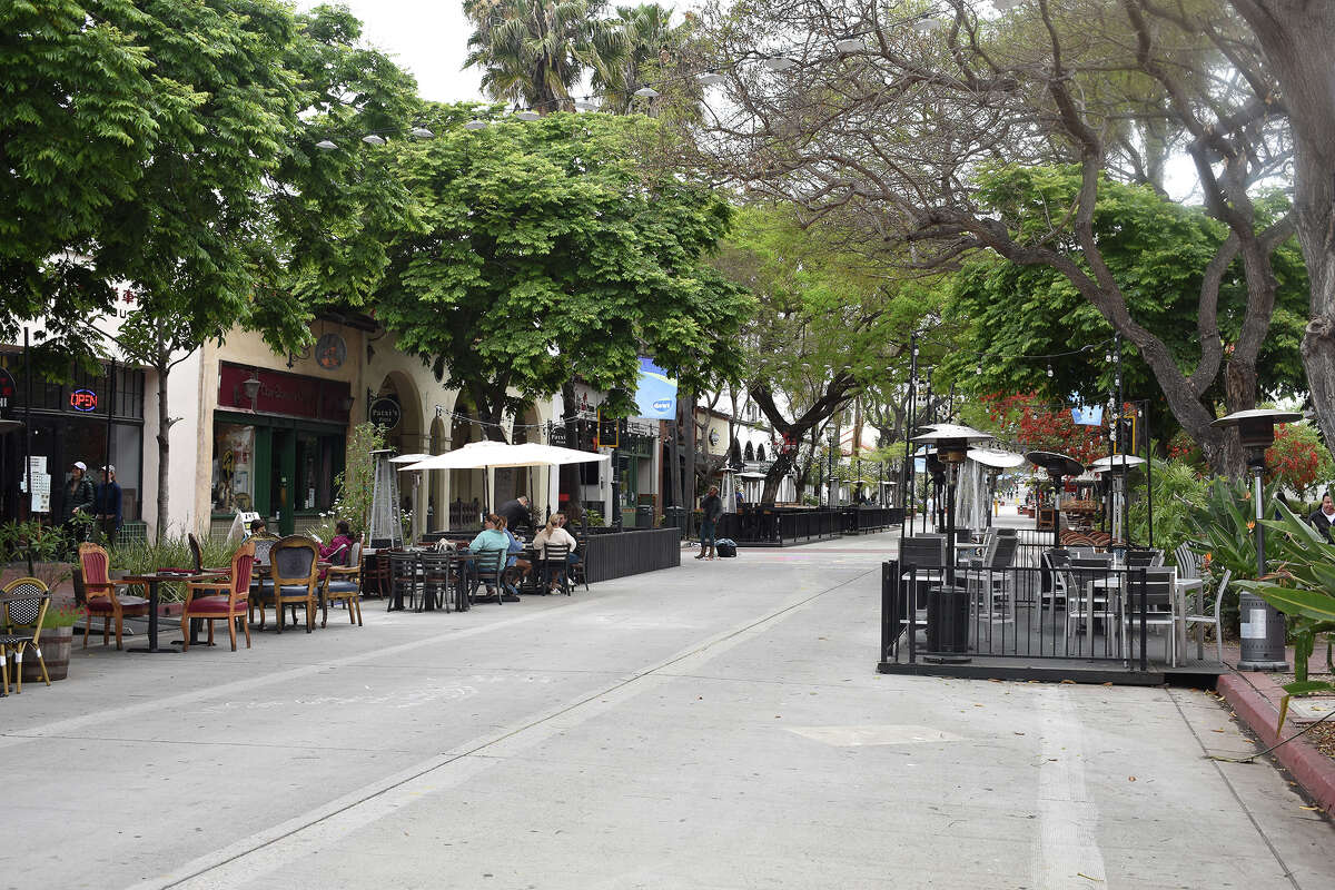 A quiet afternoon looking down a traffic-free State Street in Santa Barbara, Calif. 