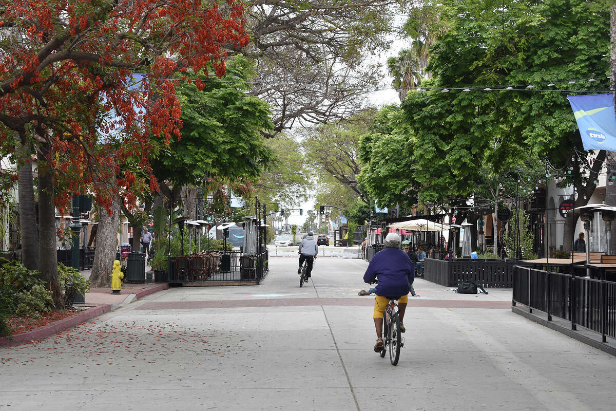 Two lanes of car traffic used to define State Street, the main thoroughfare in Santa Barbara, Calif. 