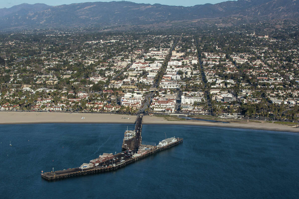 Stearns Wharf looking toward State Street and downtown is viewed in this aerial photo on Feb. 23, 2018, in Santa Barbara, Calif.