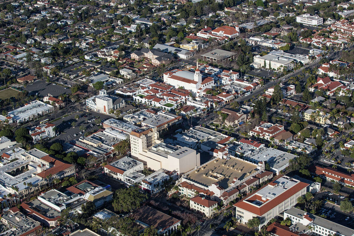 The Arlington and Granada theaters along State Street in downtown are viewed in this aerial photo on Feb. 23, 2018, in Santa Barbara, Calif.