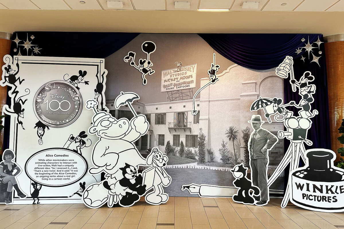 An installation of Walt Disney’s earliest illustrations in the lobby of the Disneyland Hotel in Anaheim, Calif., is part of the Disney 100th anniversary celebration.