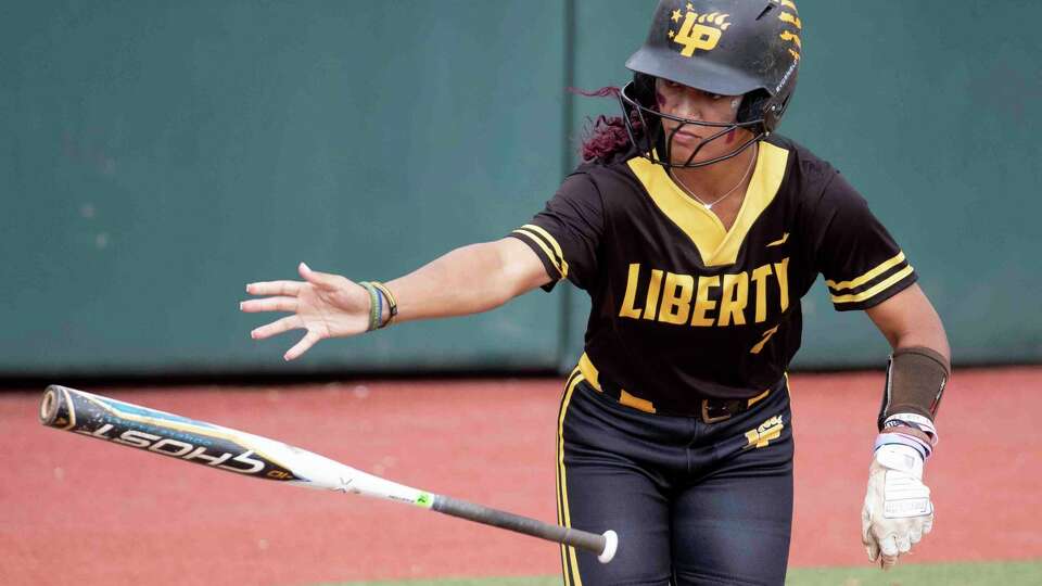 Bryana Pantalion #2 of Liberty draws a walk in the second inning during a Class 4A state championship at Red & Charline McCombs Field, Saturday, June 3, 2023, in Austin.