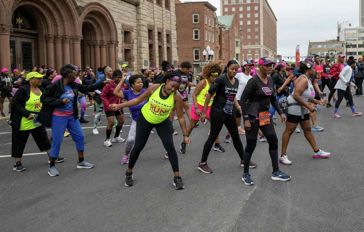 Black Girls Run warms up prior to the 45th Freihofer’s Run for Women on Saturday, June 3, 2023, in Albany, NY.