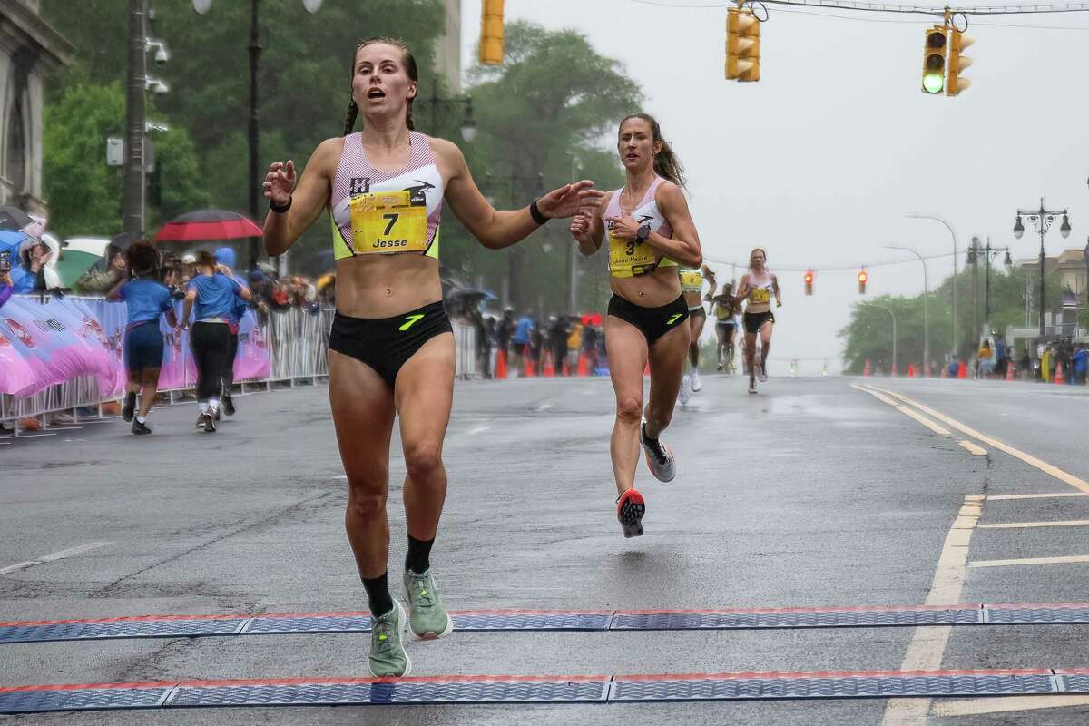 Jessie Cardin and Anne-Marie Blaney finish second and third with times of 16 and 16:02, respectively, during the Freihofer’s Run for Women on Saturday, June 3, 2023, in Albany, NY.