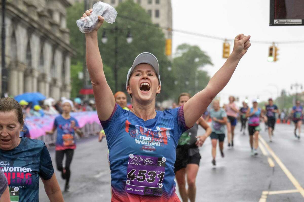 Ashley Salvadore finishes the 45th Freihofer’s Run for Women on Saturday, June 3, 2023, in Albany, NY.