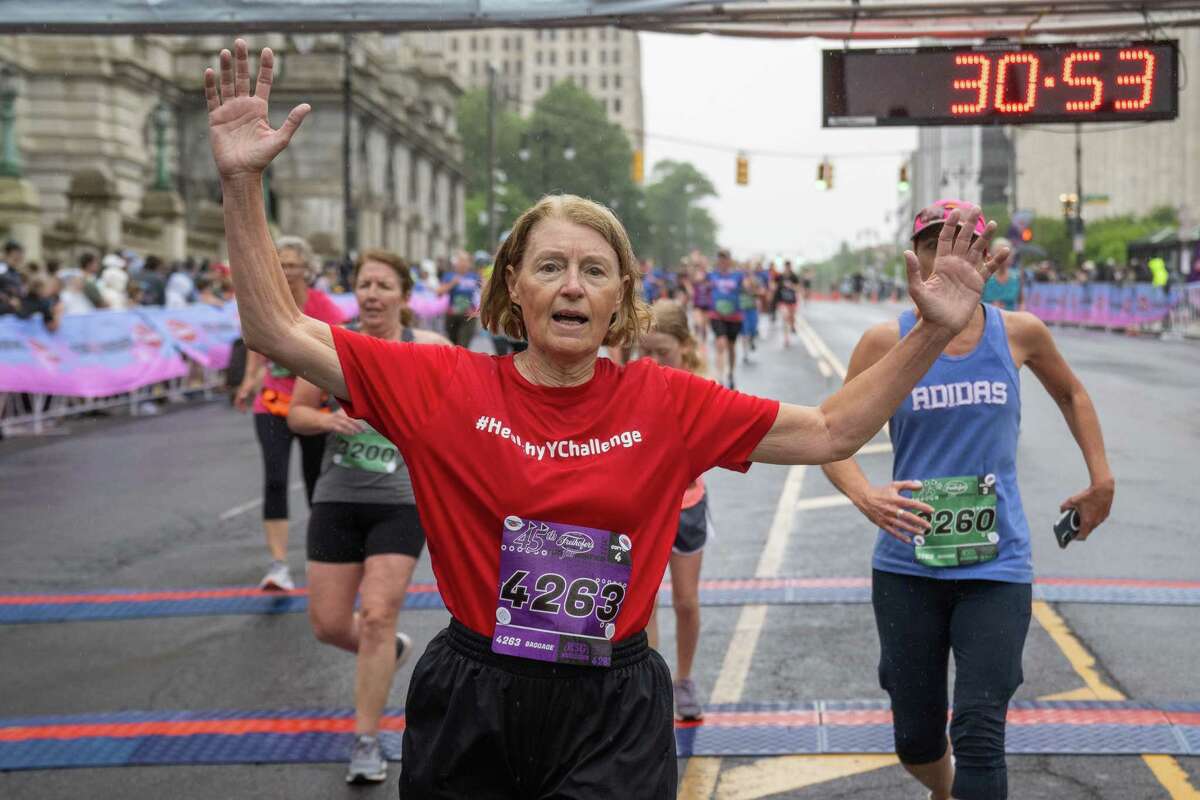 Christine Haile finishes the 45th Freihofer’s Run for Women on Saturday, June 3, 2023, in Albany, NY.