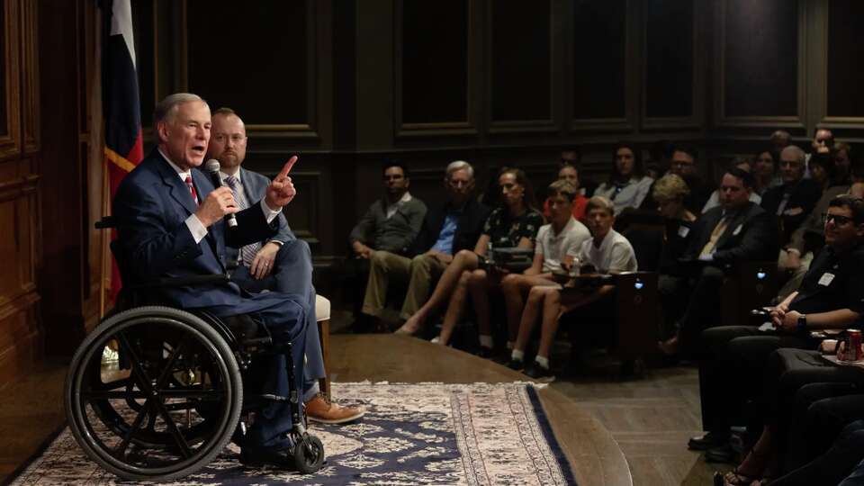 Gov. Greg Abbott speaks about the Legislature's recently completed regular session at the Texas Public Policy Foundation office in Austin on June 2, 2023. 