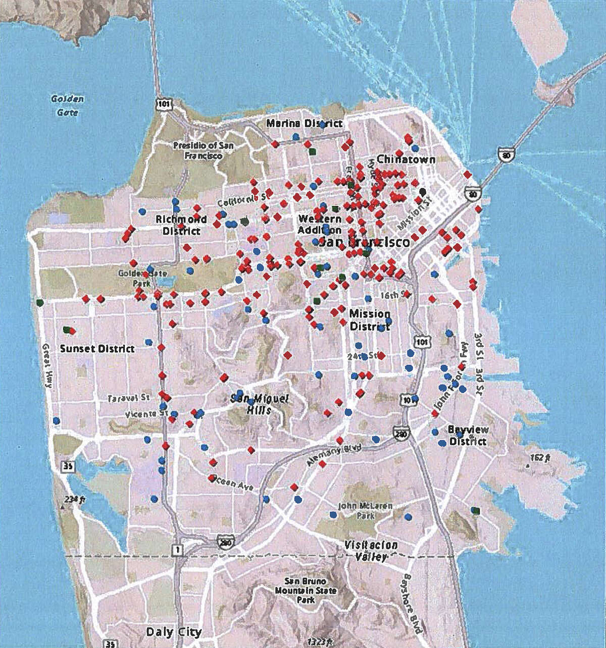 Map depicting autonomous taxi incidents in San Francisco Calif.