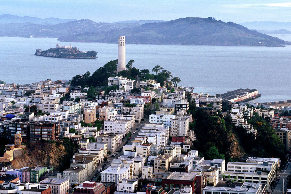 Coit Tower on Telegraph Hill in San Francisco and Alcatraz Island.