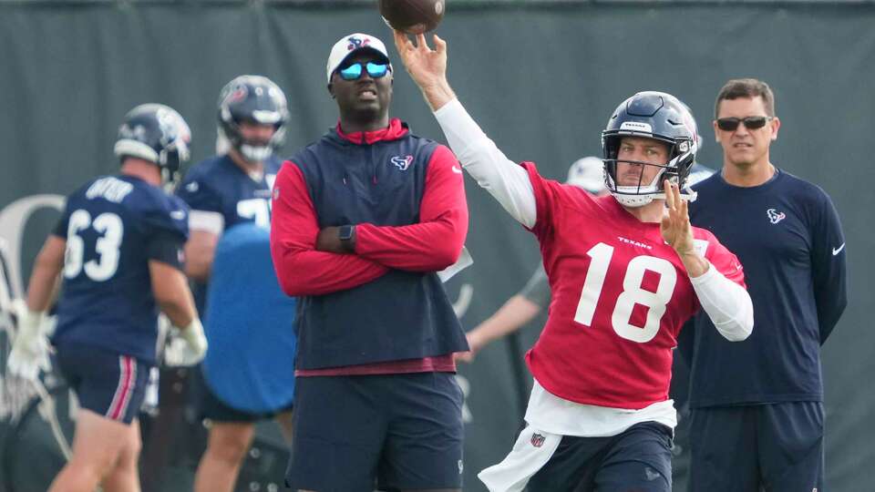 Houston Texans quarterback Case Keenum (18) throws a pass during organized team activities on Tuesday, June 6, 2023, at Houston Methodist Training Center in Houston.