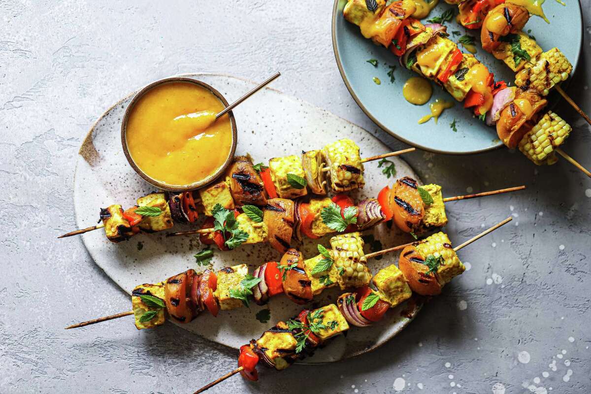 Recipe Paneer, Corn and Veggie Skewers with Mango Sauce