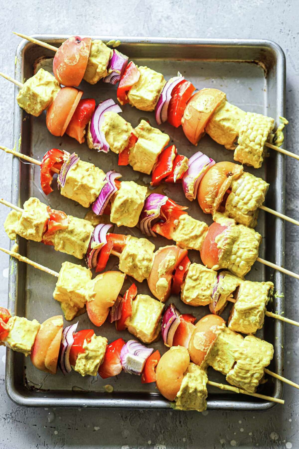 Recipe Paneer, Corn and Veggie Skewers with Mango Sauce