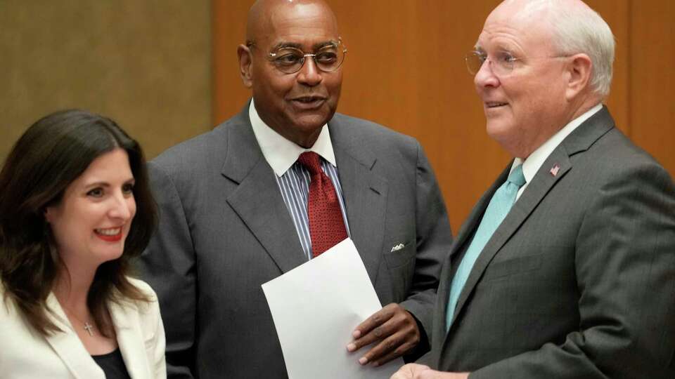 Lesley Briones, Commissioner Precinct 4, left, Rodney Ellis, Commissioner Precinct 1, and Tom Ramsey, Commissioner Precinct 3, right, are shown during Commissioners Court, 1001 Preston St., Tuesday, June 6, 2023, in Houston.